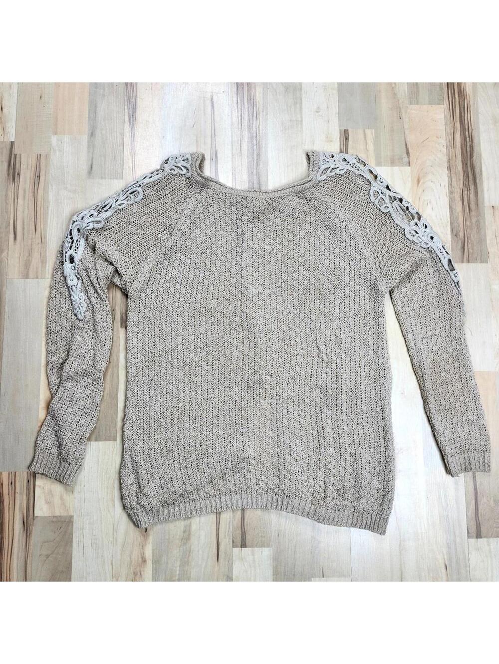 Iris Beige Knit Sweater with Lace Shoulder Detail Long Sleeve Casual Pullover